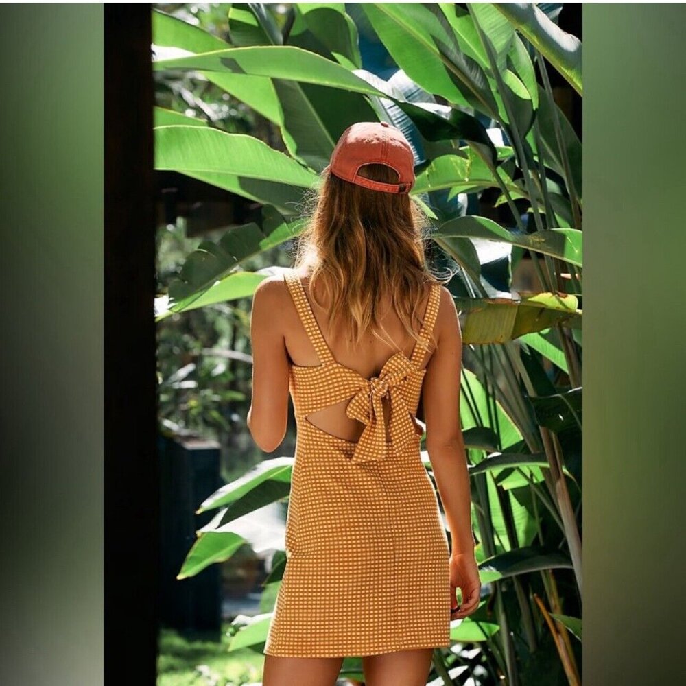 Free People Yellow & White Tie Back Mini Dress